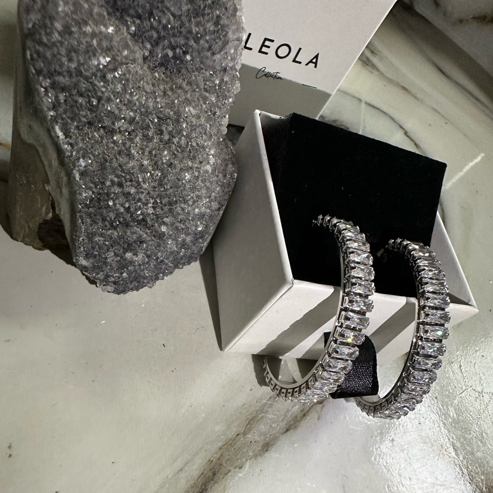 Cubic Zirconia White Gold Plated, Tennis Hoop Earrings - Picture 3 of 4